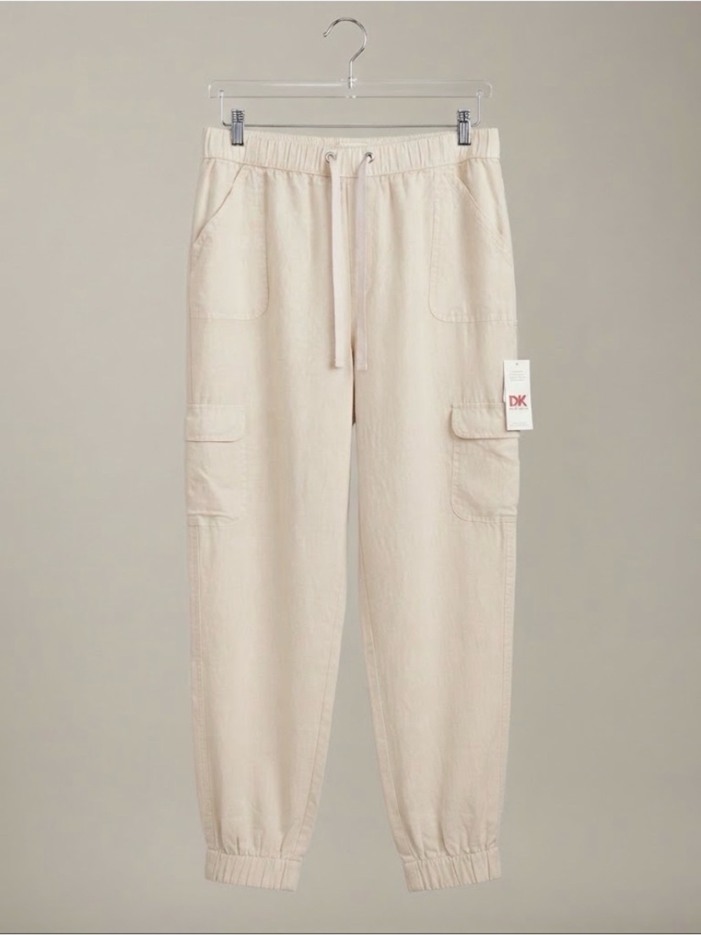 NWT Nicole Miller New York 100% Linen Cream Cargo Joggers | Size L